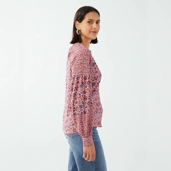 Boden Floral Printed Pink Jersey Blouse Long Ballon Sleeve Boho Button Up Top - Picture 2 of 9